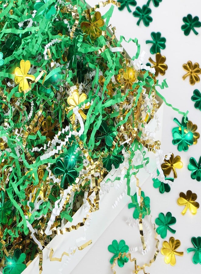 Moinchore 1 lb St Patrick's Day Crinkle Cut Paper Shred Filler with Clover Confetti Metallic White Green Gold Mix Basket Filler shredded paper for gift baskets Raffia Tissue Cushion for Box Packaging - Image 3
